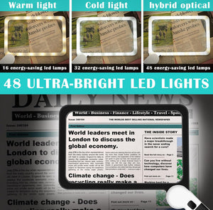 VOCA 5X Magnifying Glass with Light, Large Rectangle Reading Magnifier with 48 LEDs for Seniors with Macular Degeneration, Foldable design, Newspaper, Books, Small Print, for Low Visions