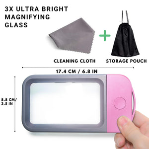VOCA Magnifying Glass with Light, 3X Large Rectangle Reading Magnifier with 10 LEDs for Seniors with Macular Degeneration, Newspaper, Books, Small Print, for Low Visions (Pink)